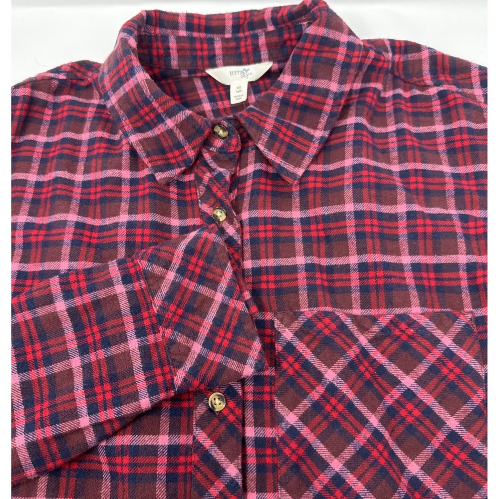 Terra & Sky Button Down Shirt Womens 0X 14W Burgundy Pink Plaid Cotton